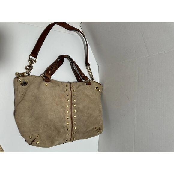Michael Kors Altor Beige Brown Suede Leather Trim Studded Large Shoulder Bag - Picture 14 of 14